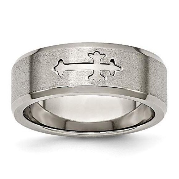 Kazi Luxury Chisel Titanium Brushed Center Cross Design 8mm Beveled Edge Band - Picture 9 of 9